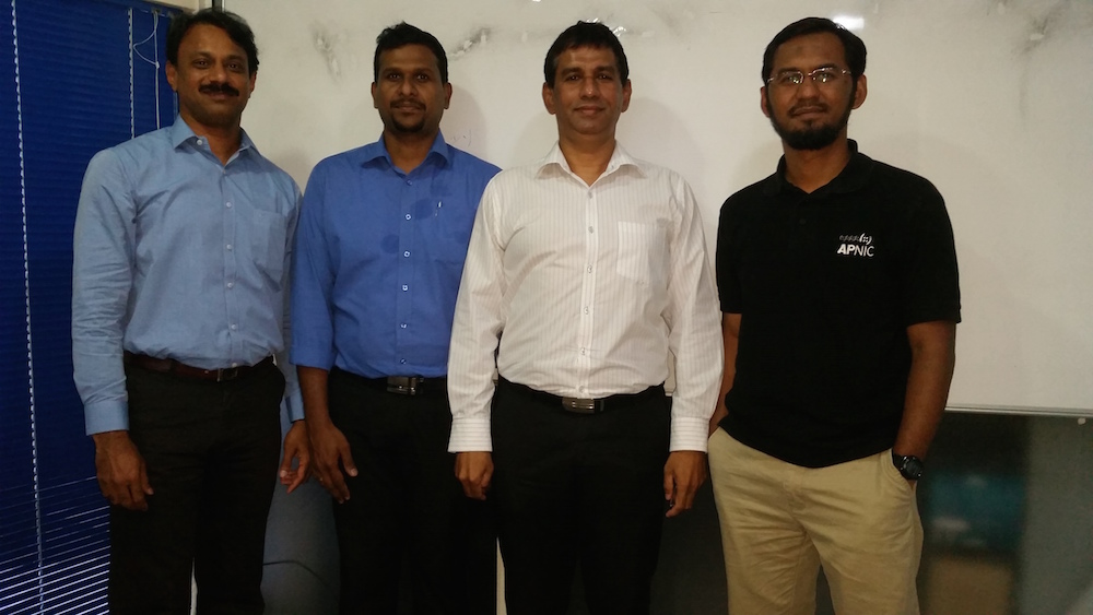 Meeting with management of Raajjé Online (Left to Right) Sunny; Indrajit Navaratnam, Manager Network Engineering; Nageeth Abdulla, Managing Director; and Adli