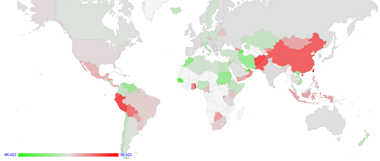 Figure 3 – World Map of IPv6 – IPv4 RTT differences per country