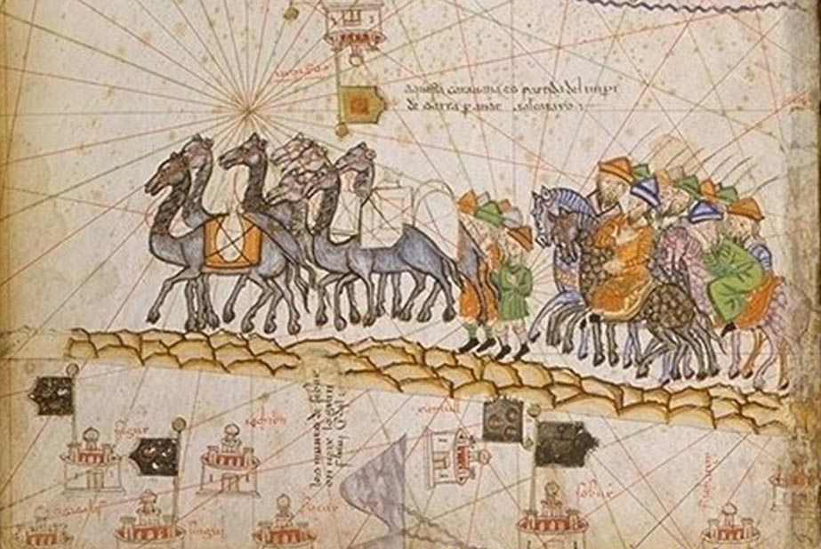 Caravan on the Silk Road (1380 AD). Image: <a href="https://commons.wikimedia.org/wiki/File:Caravane_sur_la_Route_de_la_soie_-_Atlas_catalan.jpg" target="_blank">Public Domain</a>