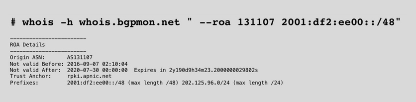 Figure 7 — whois query to match a prefix with an ASN.