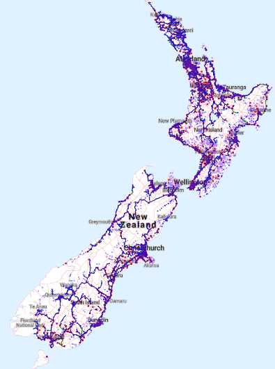 Figure 1: An overlay of Chorus network infrastructure on a map of New Zealand.
