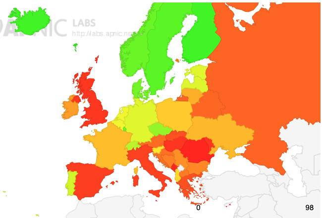 Map of DNSSEC adoption in Europe.
