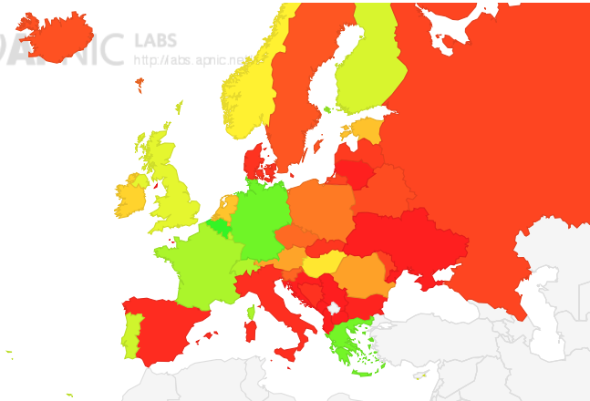 Map of IPv6 adoption in Europe