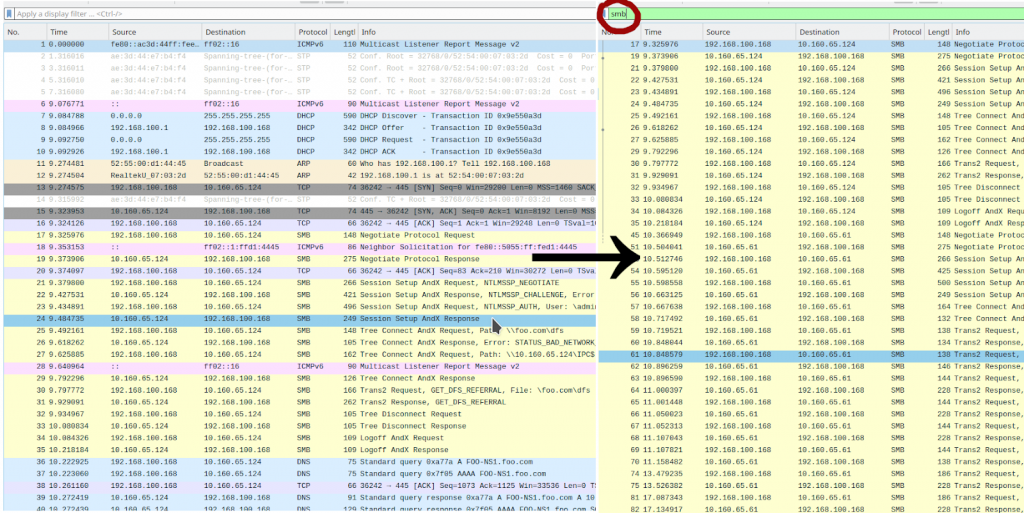Screenshot of filtering a trace by the SMB protocol.
