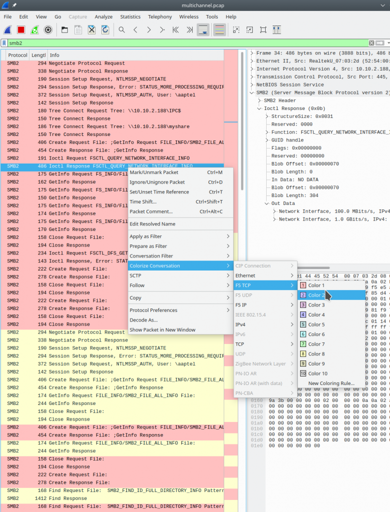 Screenshot of yellow and red packets belong to different TCP sessions. 