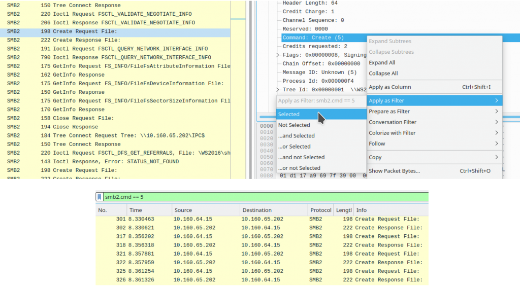 Filtering CREATE packets from the decoded Command field