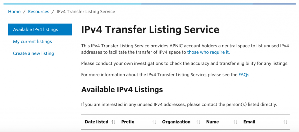 An image showing the details of the IPv4 Transfer Listing Service on the APNIC site.