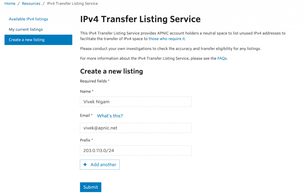 A picture showing the required fields for APNIC's IPv4 transfer listing service