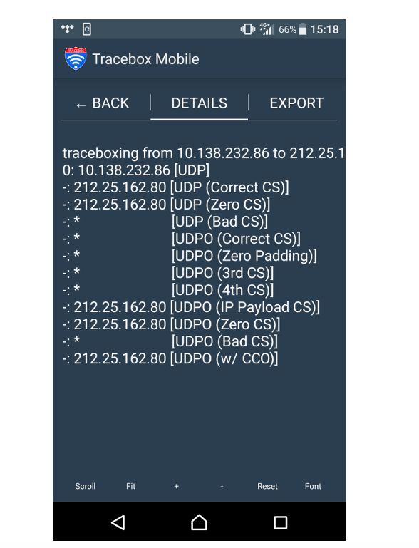Screenshot of MobileTracebox UDP Options test output on the tested network, Three UK.