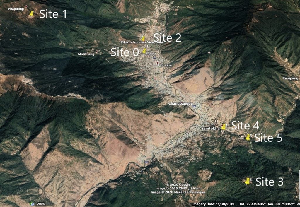 A map of Thimphu with the project sites.