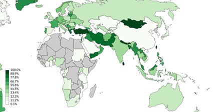 A map of the world with percentages of prefixes in BGP covered by RPKI ROAs