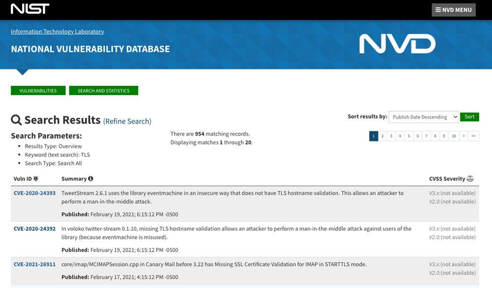 Figure 6 — NIST National Vulnerability Database records of TLS vulnerabilities, 23 February 2021.