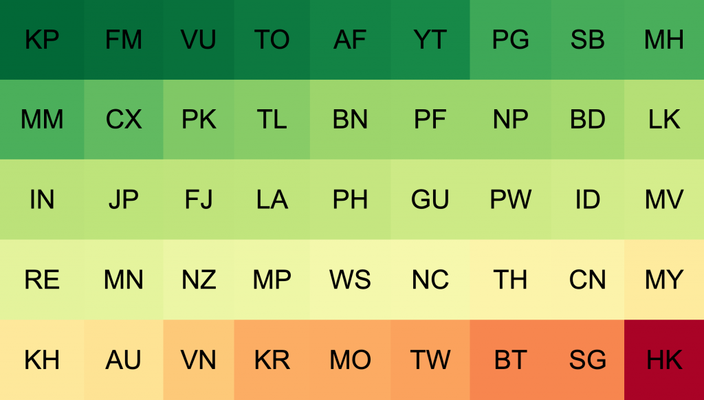 Image showing rankings of malicious traffic, by economy, and weighted only for population. 