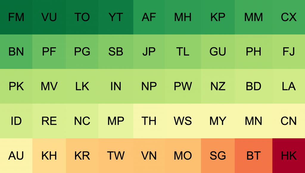 Image showing rankings of malicious traffic, by economy, and weighted for population of Internet users. Green means low malicious traffic, red means high, and amber is in-between. 