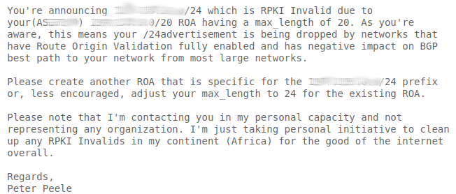 Figure 3 — A screenshot of a typical email sent to relevant network operators. Specific details have been removed to protect the reputation of the network operators involved.