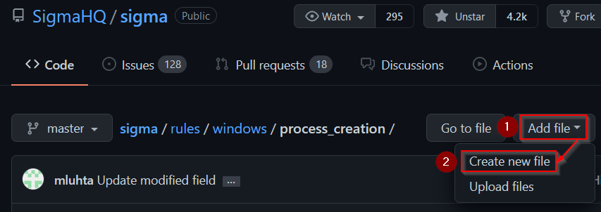 Screenshot showing how to contribute a new rule to the Sigma Project on GitHub.