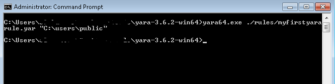 Screenshot of command line showing executing the Yara rule to search in C:\users\public" directory. No hits returned.