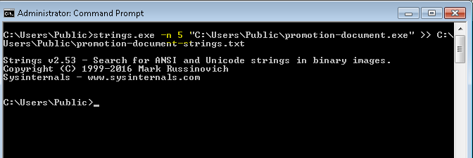 Screenshot of command showing strings.exe extract length changed from 3 to 5.