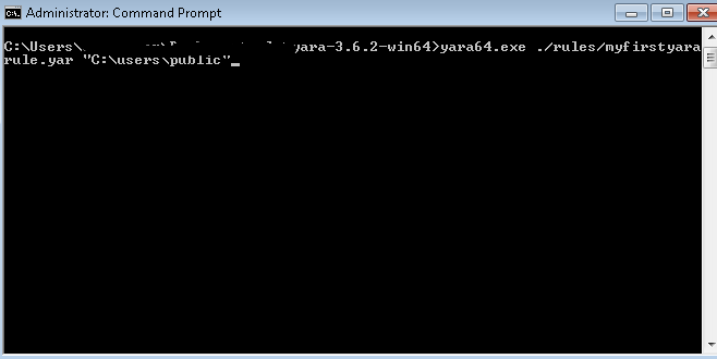 Screenshot of command line showing executing the Yara rule to search in C:\users\public" directory.