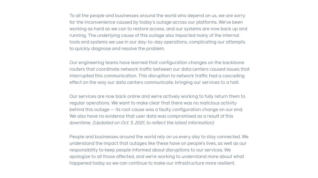 Figure 1 — Facebook's 4 October outage report.