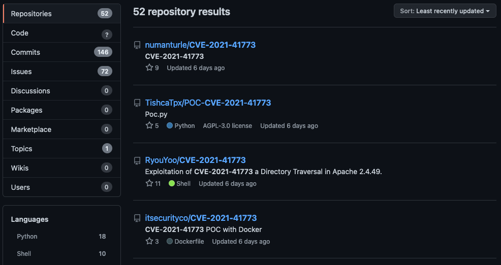 Screenshot of GitHub search showing results of searching for the CVE.