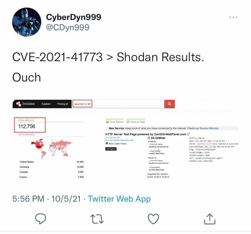 Screenshot of Tweet showing Shodan search for Apache 2.4.49.