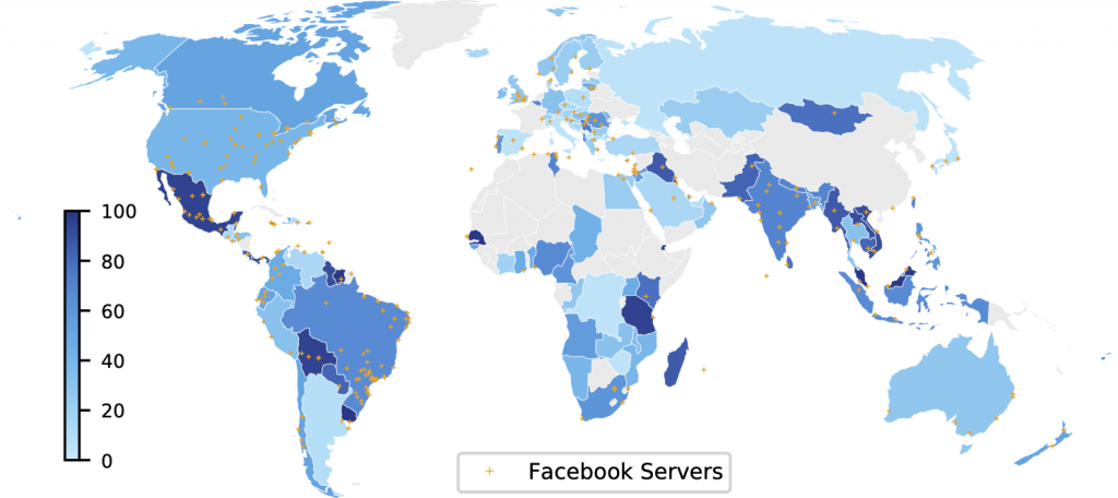 World map showing Facebook’s off-net footprint user coverage (%) in each economy as of November 2017.