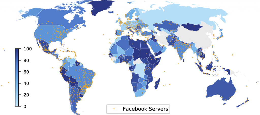 World map showing Facebook’s off-net footprint user coverage (%) in each economy as of April 2021.