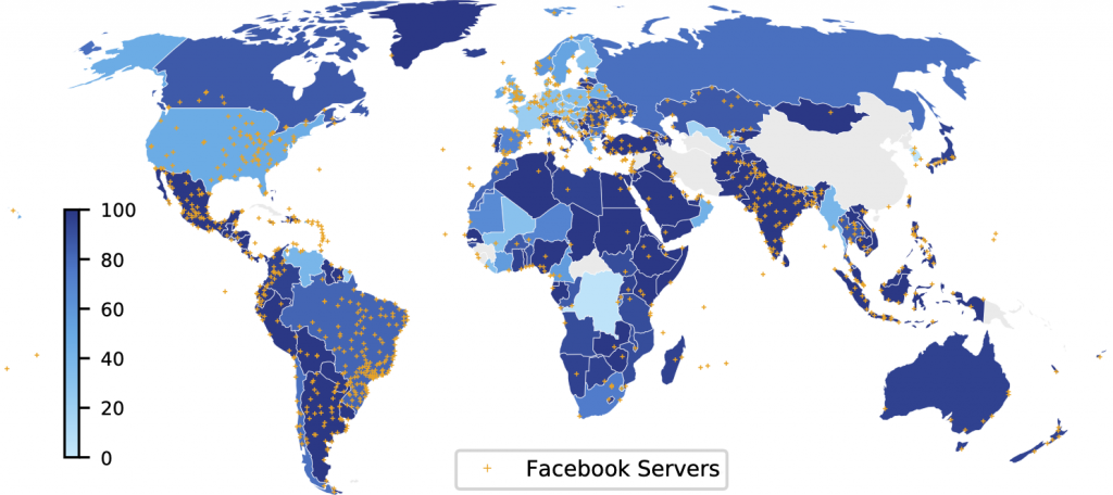 World map showing Facebook’s off-net footprint user coverage within the customer cones of ASes hosting Facebook off-net servers as of April 2021.