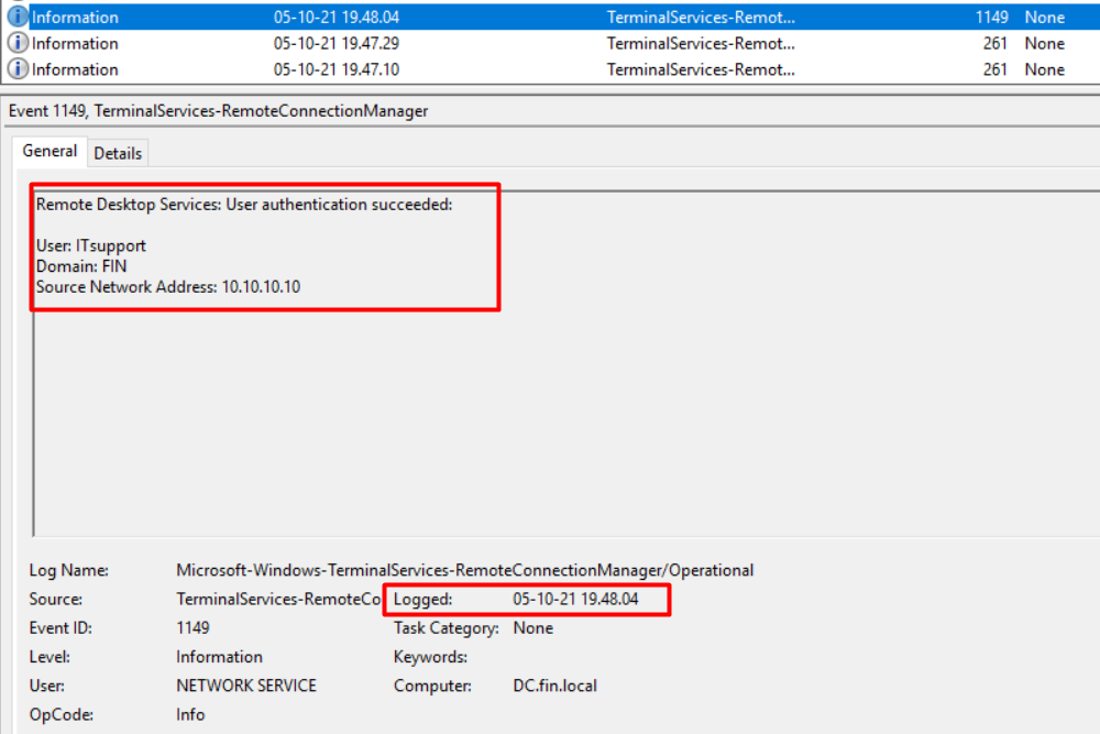 Screenshot of Remote Connection Manager showing RDP authentication was successful by the cyber attacker (initial footstep by attacker to DC system).