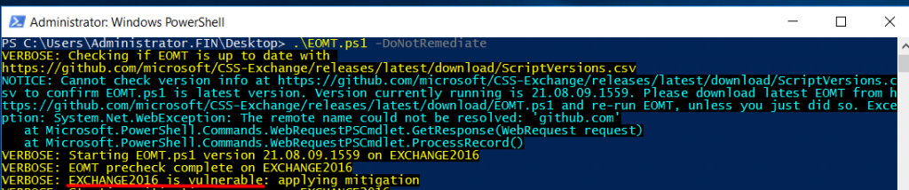 Screenshot of PowerShell showing the vulnerability of Exchange system.