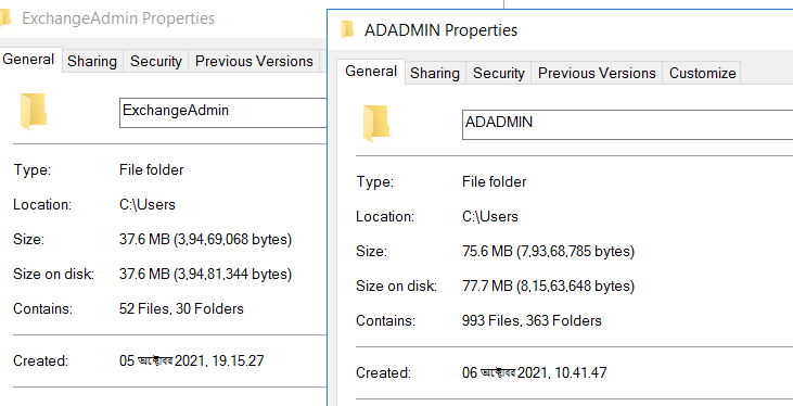 Screenshot of File properties showing folder creation time.