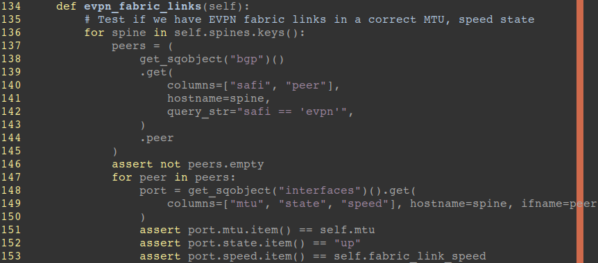 Screenshot of command checking if EVPN fabric links are properly connected with correct MTU and link speeds.
