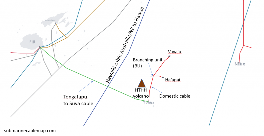 Figure 1 — Tonga’s international cable to Fiji (green) and its domestic cable (red, centre) from Nuku’alofa to Neiafu (Vava’u) and Pangai (Ha’apai) in the context of other submarine Internet connections in the region. The red crosses mark the damaged sections. Source: Telegeography's Submarine Cable Map