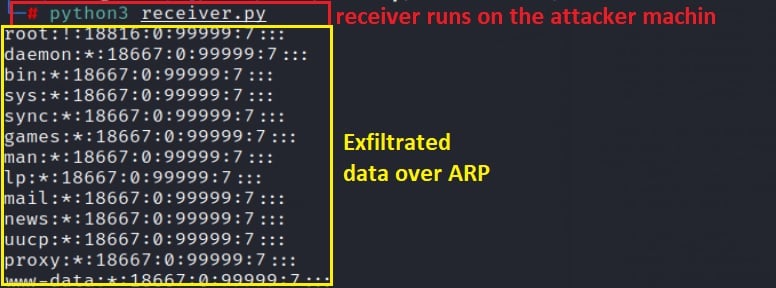 Screenshot of ARPExfiltrator showing attacker server listening for exfiltrated data over ARP.