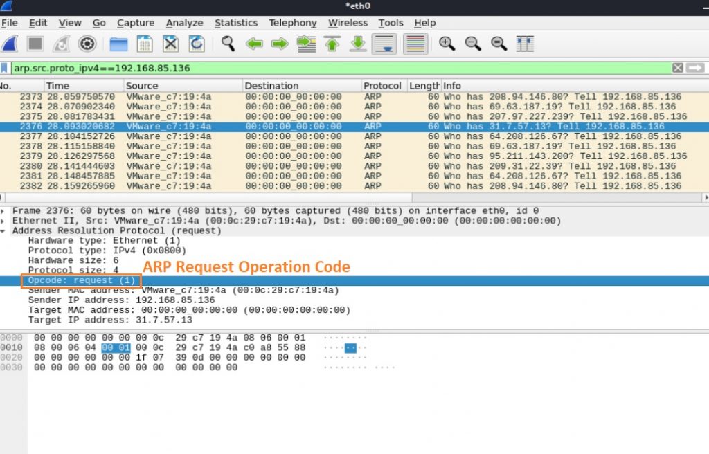 Screenshot of ARP request operation code.