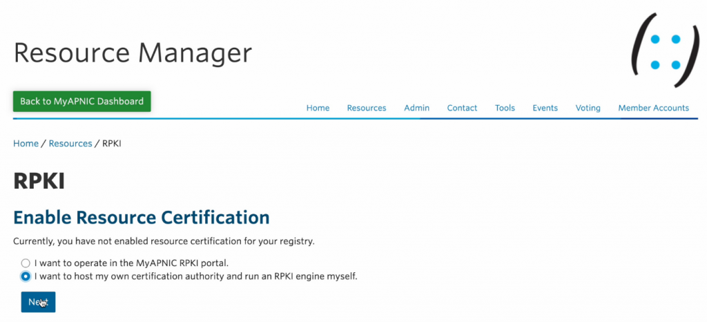 Figure 2 — Select ‘host my own certification authority’ in MyAPNIC.