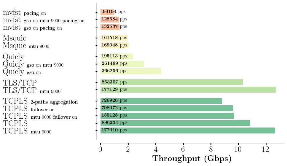 Bar graphs showing the throughput comparison between TCPLS, TCP/TLS, and three QUIC implementations.