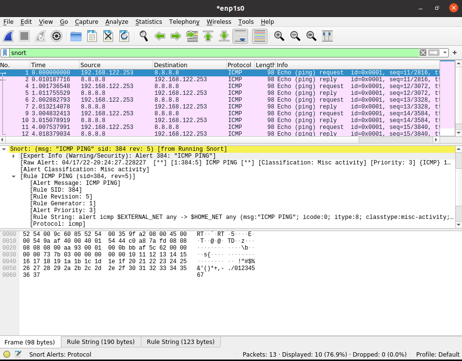 Screenshot of Wireshark showing snort alerts.