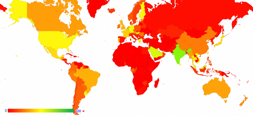 World map showing IPv6 uptake per economy.